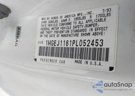 1993 Honda Civic Ex z USA, uszkodzony, nr VIN 1HGEJ1161PL052453